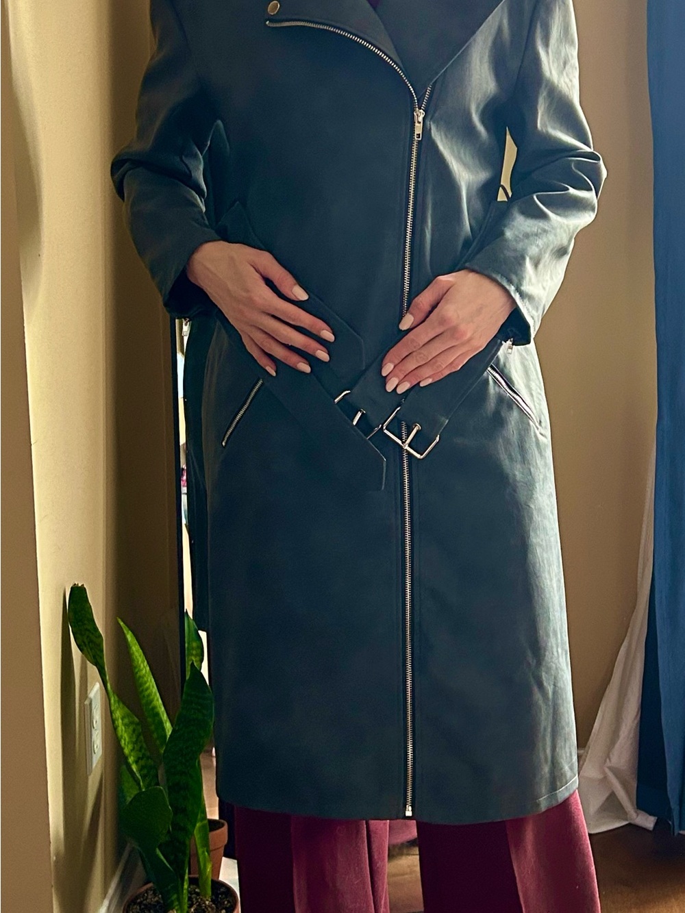 PrettyLittleThing Dark Teal Long Belted Trench Coat